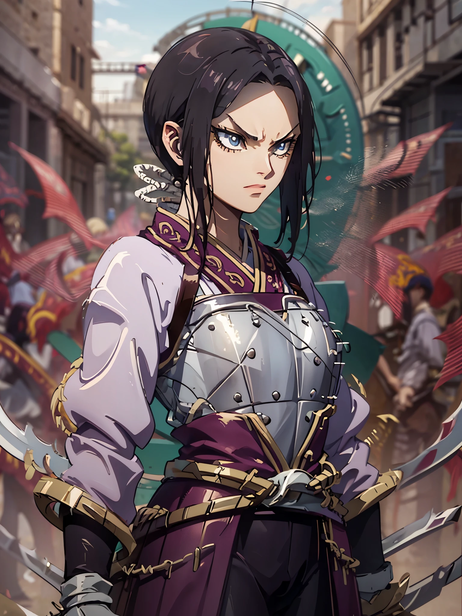 8k, Highly Detailed, Masterpiece, source_anime, best quality, beautifully detailed eyes and beautifully detailed hair, 1girl, solo, a character with fair skin, large expressive eyes, and dark brown hair styled in a neat  tied back, straight manner, sharp facial features face,  They are dressed in traditional warrior attire, consisting of a white robe with purple and gold accents, and silver armor plating on the chest and forearms. The character also wears a dark blue belt and has two swords sheathed at their sides. The overall design is detailed and emphasizes a historical or fantasy warrior theme. The background consists of a stone wall, adding a rustic and historical feel to the scene. The character's facial expression is serious and focused, suggesting determination or concentration, 