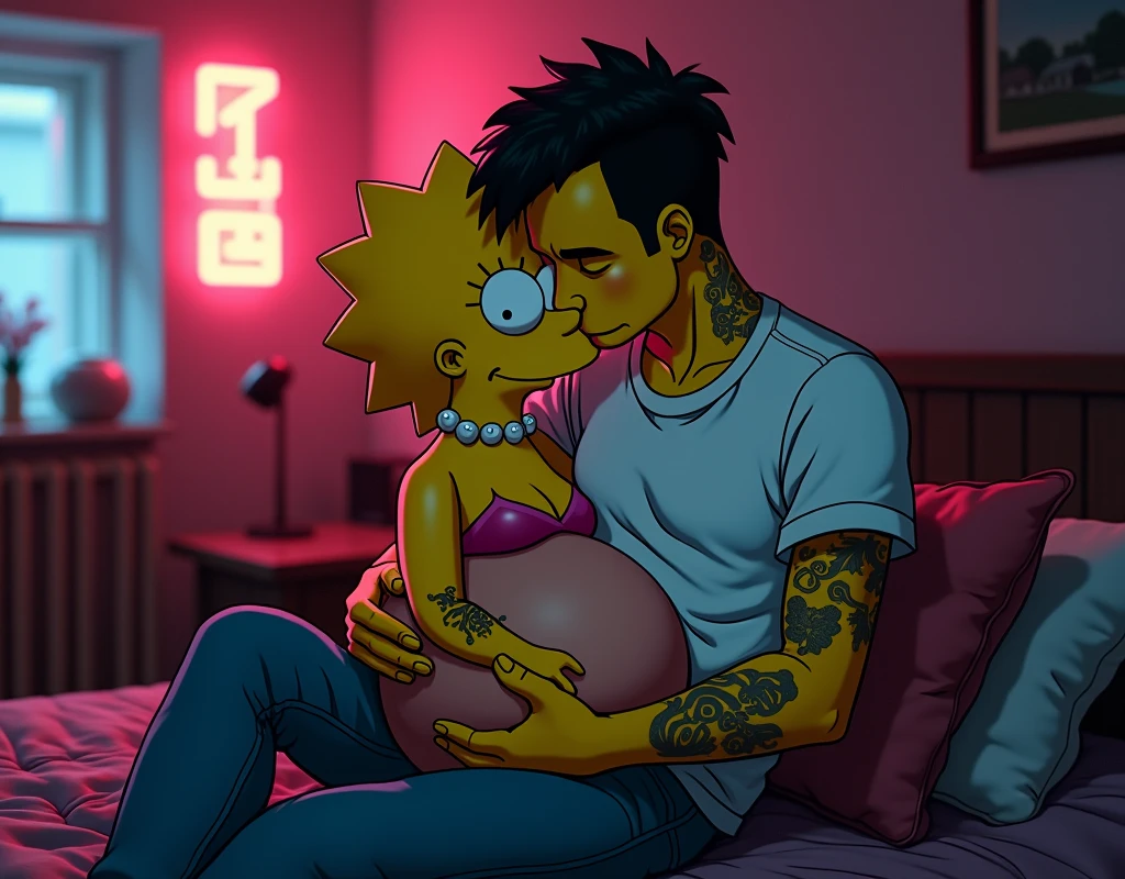 Lisa Simpson, punk and tattooed human. Milhause van Houten pregnant and human, with white t-shirt and tattoo, an image of Zack Snyder, tumblr, romanticism, filtered image, cyberpunk, without words 4k, without text, gothic art, cyberpunk comic, super high resolution, in a cinematic gothic film , cyberpunk style comics, Lisa sitting on Milhause's knees in love, 8K.