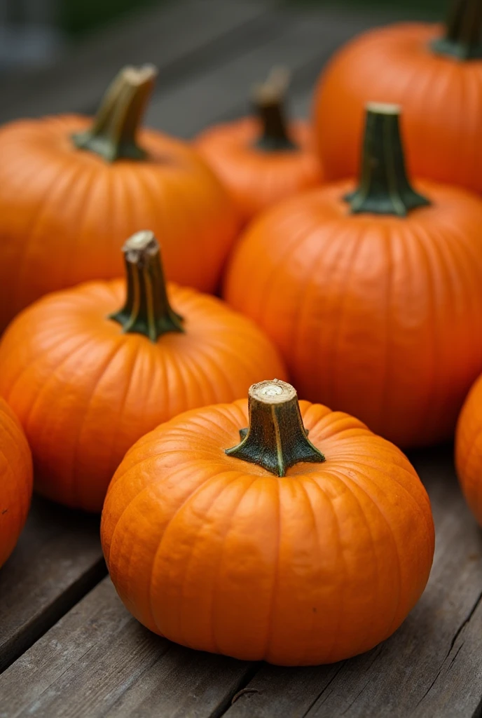 Close-up of a group of pumpkins on a wooden table