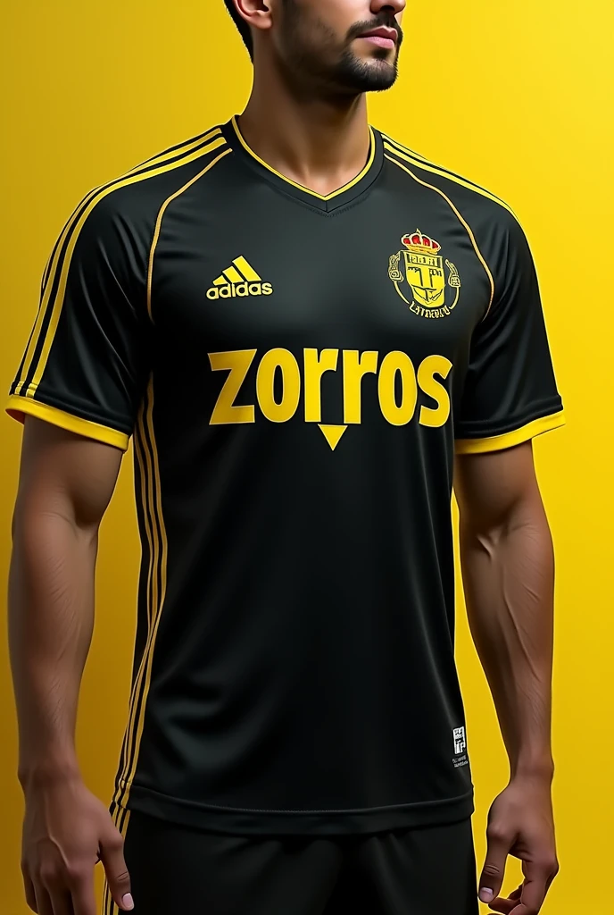 Design a sports shirt for a goalkeeper that is black with yellow details and that on the front says the word "foxes" in Spanish