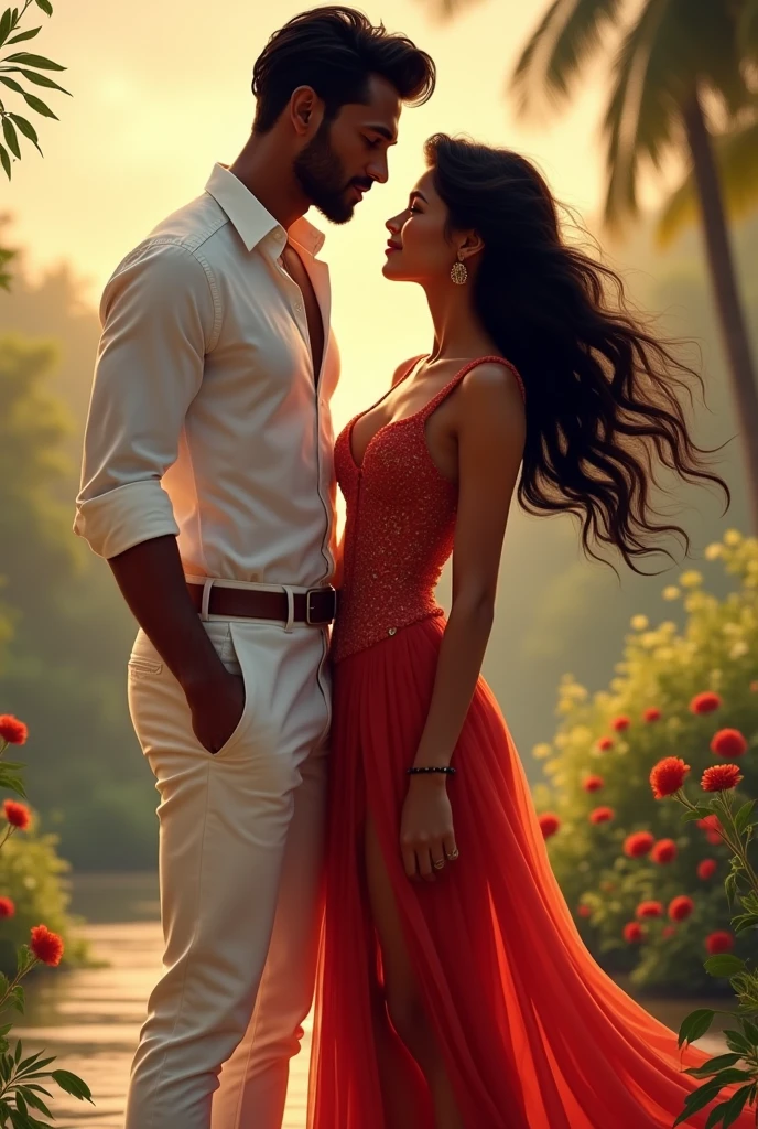 In this scene there is a man smiling at a woman outside.
The man is the scene is black, has brown skin, is wearing a white shirt and trousers, he is handsome.
The woman in the scene is black, honey brown skin, has long black hair, is dressed in an intricate short and sexy red dress.