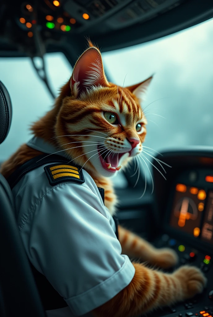 Cute close-up photo of an orange pilot cat., Cockpit,Cat piloting the plane,white dress,lightning,rain,Serious expression,angry,Open your mouth and cry.,Look straight.