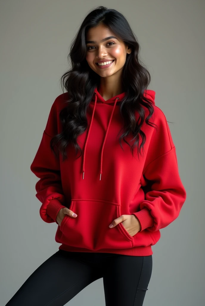 (Red and black oversize hoodie:1.1), (natural texture legs Leggings:1.2),,Wearing Clear and detailed facial features, 4K, sexy smile, smiling,beautiful woman, 3 Indian female, fair complexion, 36 B cup breasts, attractive cute.