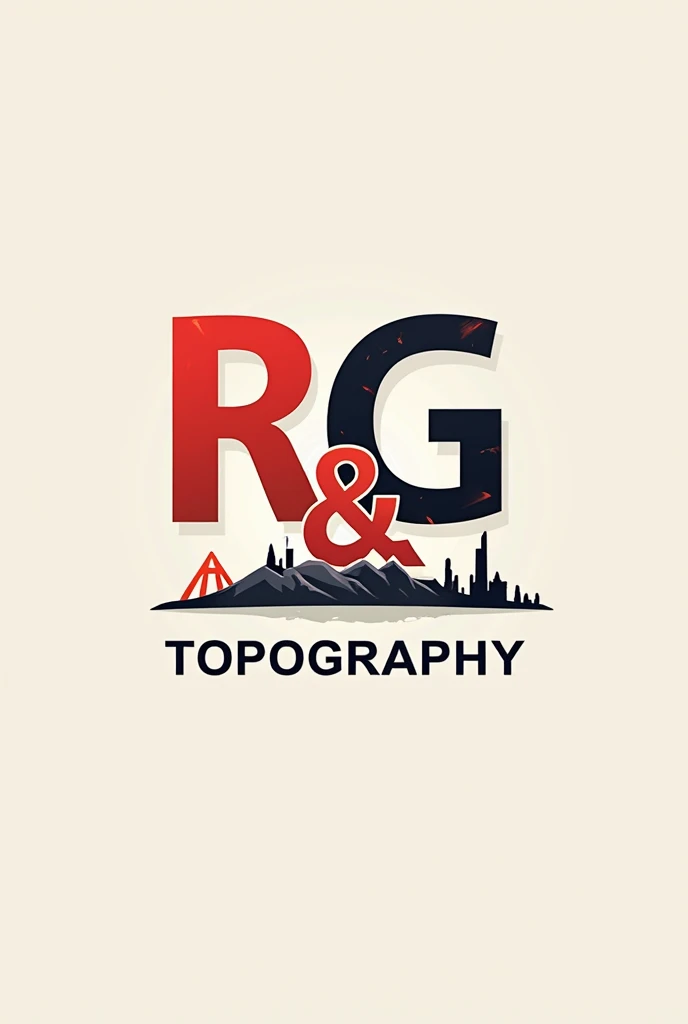 A logo that says R&G TOPOGRAPHY in capital letters with contour lines inside and with topographic equipment included in the letters and with the colors white, red and black