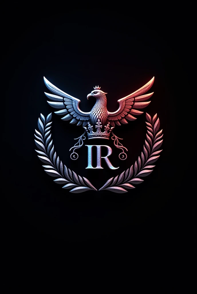 Metallic blue law firm logo with metallic violet LR licensed initials, Metallic red phoenix bird and queen&#39;s crown and metallic scales and black background 


