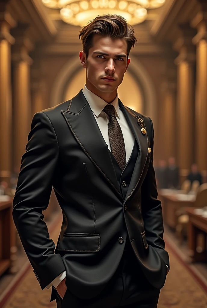 Create a young 2 man and he is billionaire and the king in the world. The boy clothes about 500 billion dollars sut .
In realistic