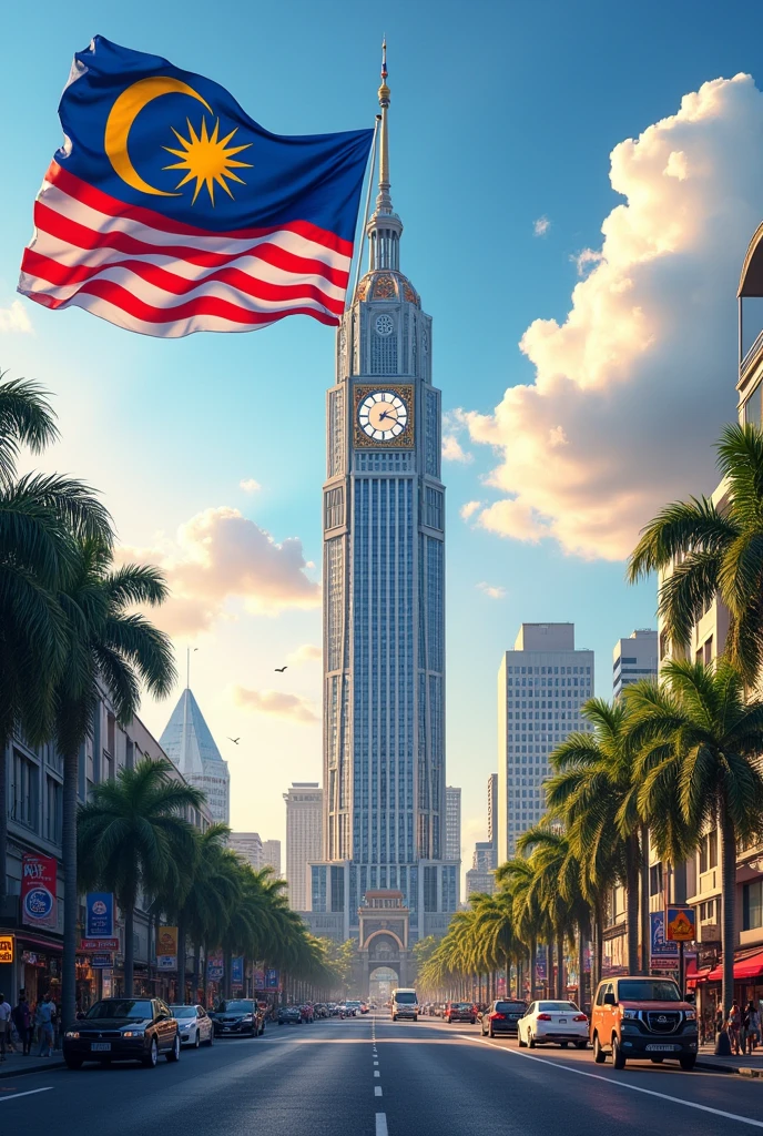 independence day malaysia, Malaysian flag , silver trench town clock tower, hour in the middle of the road