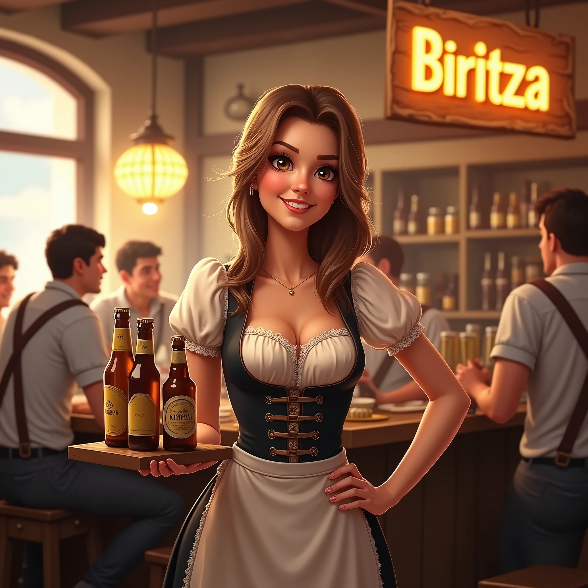 Happy beautiful girl waitress serving beer, looking joyfully smile. Cheerful gorgeous woman wearing traditional beer dress, posing with beer bottles. Happy people on background, beer shop with sign "BIRITZA"