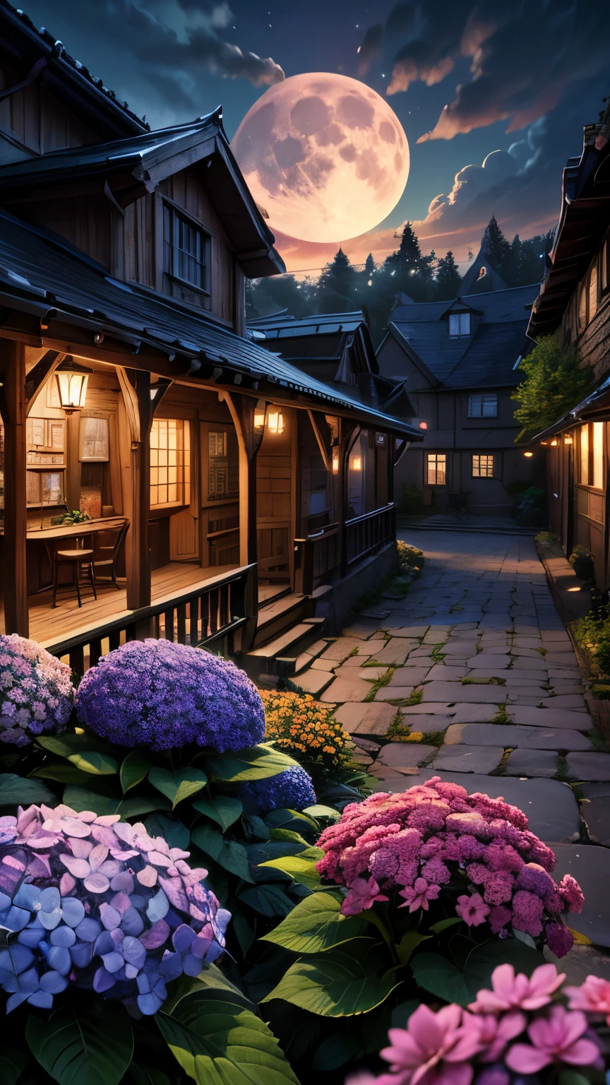 masterpiece, 最high quality, high quality, Very detailed CG 8k wallpaper unit, scenery, Outdoor, set up, Medieval Tavern, Autumn sky, Autumn Dusk, autumn、winter, Cloudy, The big moon shines, Award-winning photography, Depth of written boundary, High resolution, Flowers, squirt, Hydrangea, Realistic, Very detailed, Complex, High detail, dramatic, Art on the go,  Art Station Trends, CGsociety Trends, chromatic aberration.