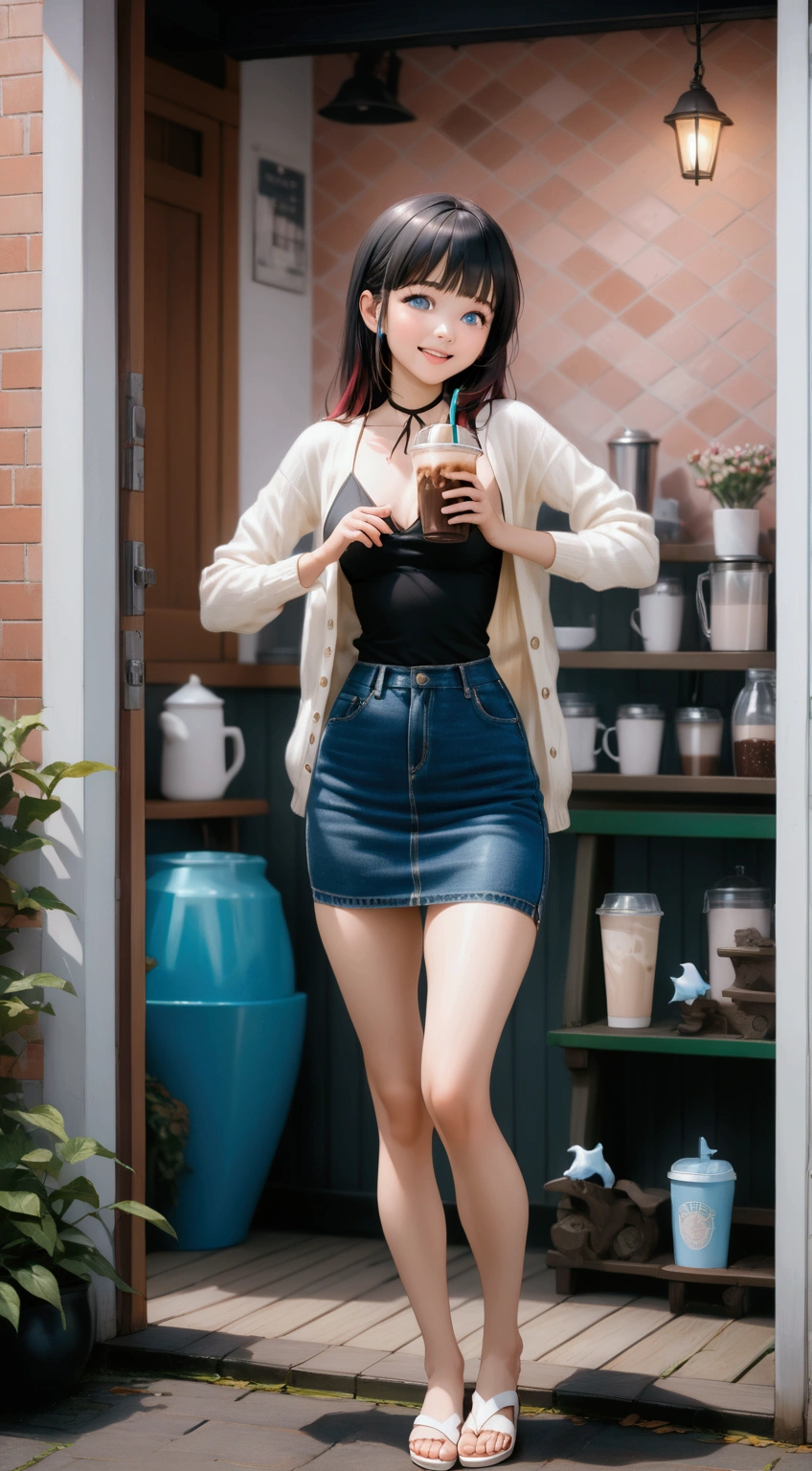 realistic anime illustration of pretty woman in black shoulder length hair with bangs, holding a cup of iced coffee and posing for shooting photograph at cafe, wears white cardigan, black camisol, dark-blue denim pencil skirt, white sandals, (1girl, solo, full body), (masterpiece, best quality, japanese anime style), (expressive eyes, perfect face, perfect body),