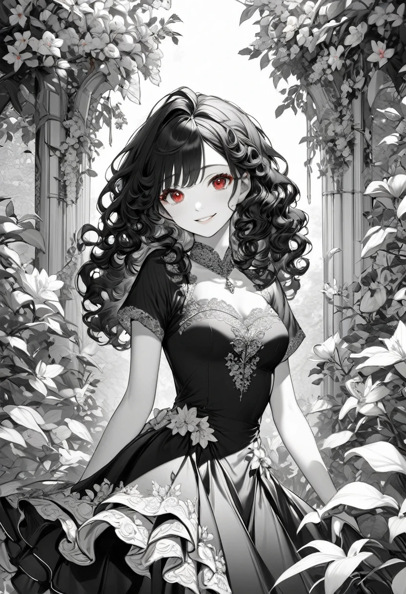 ((monochrome style)), (15 yo) (beautiful curly:1.3) (beautiful detailed black hair long hair), (immensely beautiful lovely girl) (best lovely red eyes) (happy smile) (medium tits), in a detailed black princess dress, break, in the white and black garden, background beautiful white sky, BREAK, 16k, masterpiece, best quality, immensely detailed monochrome,.