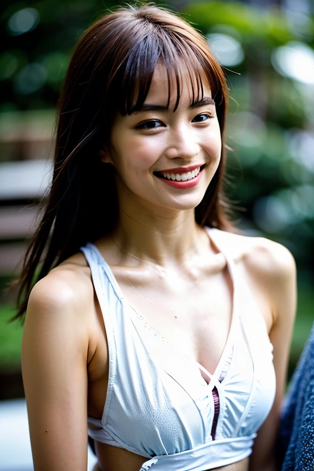 (Realistic, photo-Realistic:1.4), (masterpiece, Highest quality:1.2), RAW Photos, High resolution, Intricate details, Very detailed, Sharp focus, Portraiture, Dynamic pose, alone, One girl, (Slingshot swimwear, Medium chest, Thighs), Pale skin, Detailed face, Detailed eyes, Refined nose, smile, Photo Background, Outdoor,