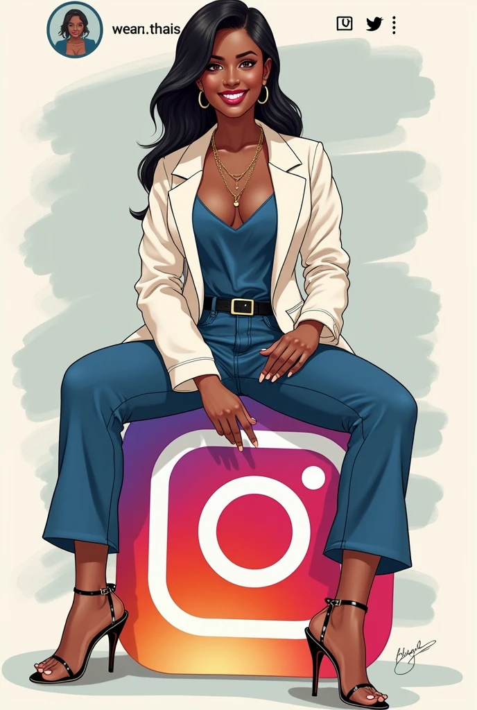 2. Take command: Create a madieng 30 illustration of a character (Female One ) (curtain) (ssmile), (smooth ass ), (blackw ), (extra details like accessories, etc), sitting casually on top of a social media logo "instagramart". The character must use (blue clothes underneath and white coat on top). The background of the image is a social network profile page with the username aTr "(wear. Thais Martins )" and a corresponding profile photo.