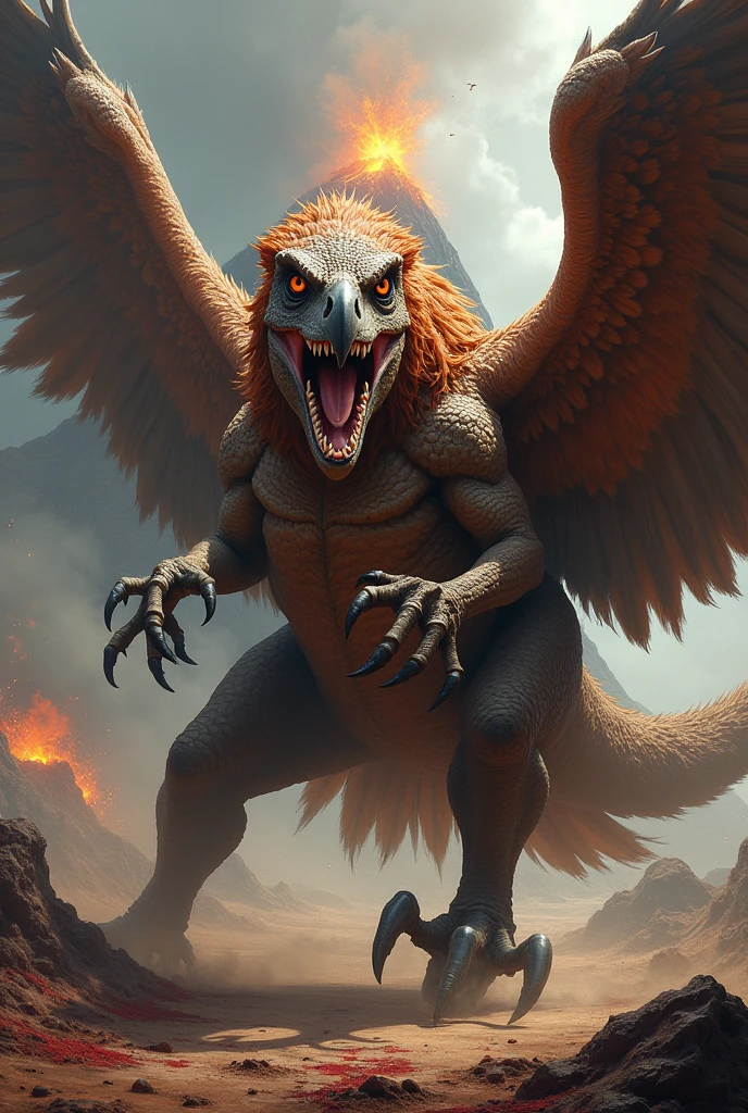 A dinasour and a eagle murge image with dangerous looking ready to fight with wounded and bleeding outside a volcano