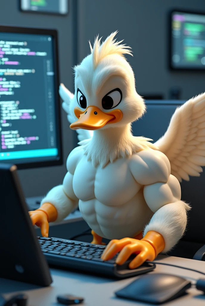 Muscular animated duck who is programming 