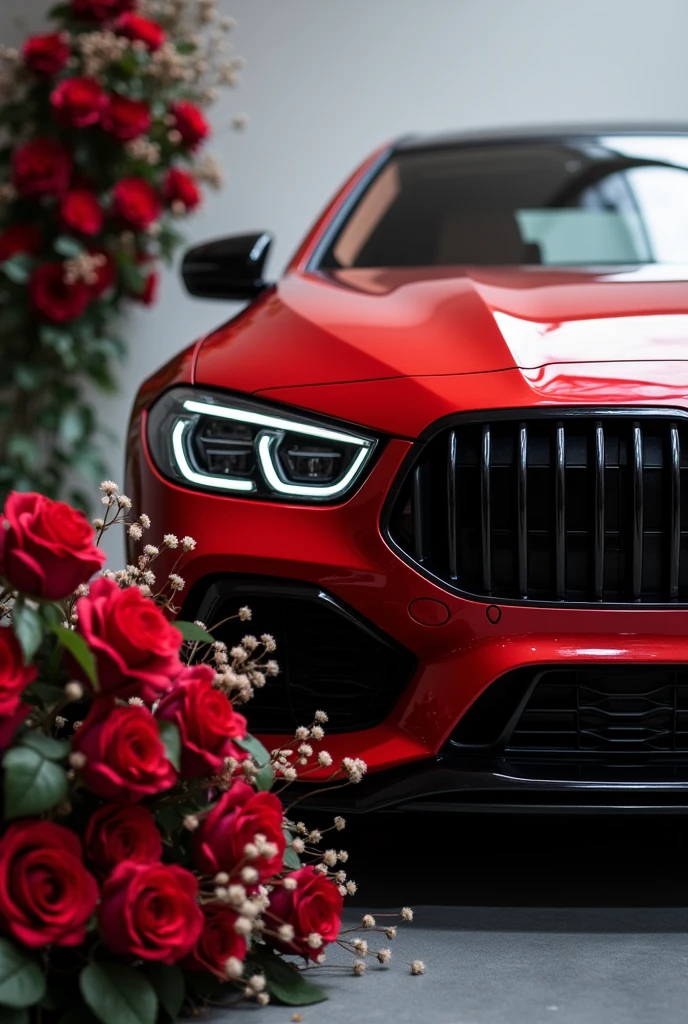 A red colour BMW, black flower bundle