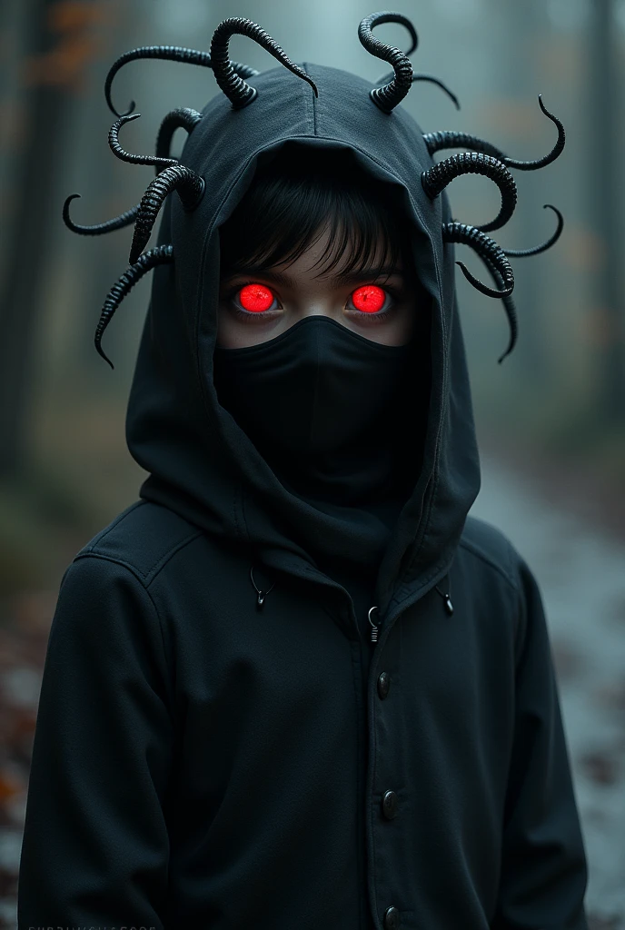 Boy in black clothes, high collar, Ninja Mask, red eyes and black tentacles coming out of it