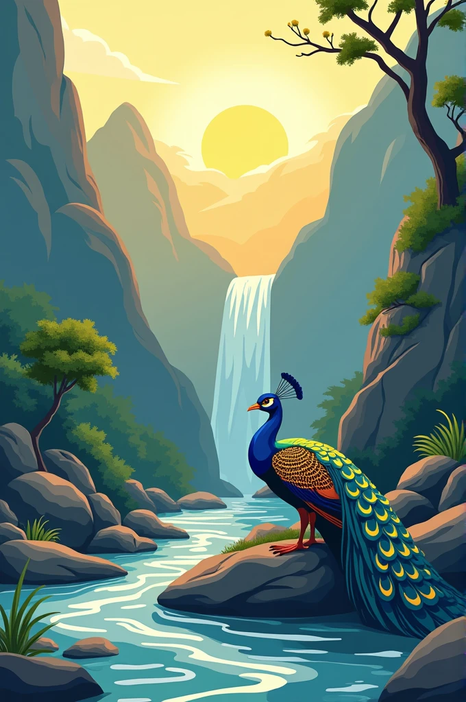 A peacock icon that in a Myanmar Student Union of the flag take a rest on the stone beside of the stream. The morning sun is shining. The water falls is staying on the mountain. A drawing vector landscape image 