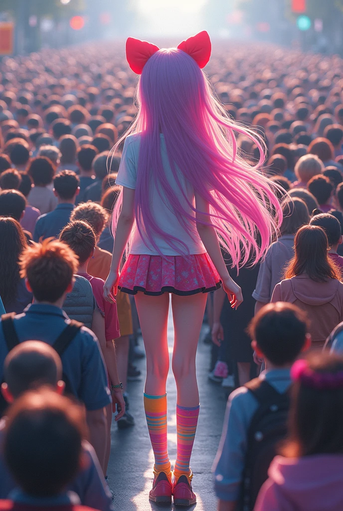 A 3 meter long hair anime girl wearing a rainbow colored very very very very short 5 centimeter patterned skirt and colorful 1 meter socks with a rainbow colored big heart-shaped hirajuku, 7000 people filled the generated image in a super close-up, Stand in five rows, press your shoulders against each other, smile slightly, face and body straight ahead, eyes visible, and take a group photo with your shoes off and lined up neatly so that at least 200 people can be seen on the screen, shivering from the cold.