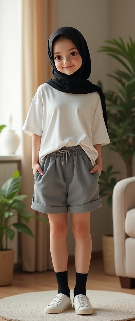 Best quality, masterpiece, ultra high resolution (photorealistic: 1.4), raw photo, 1 girl, European, cute and adorable girl, age girl, wearing black hijab, baggy white t-shirt , grey shorts, ((black socks)), white Slippers, in her livingroom, full body view, funny pose