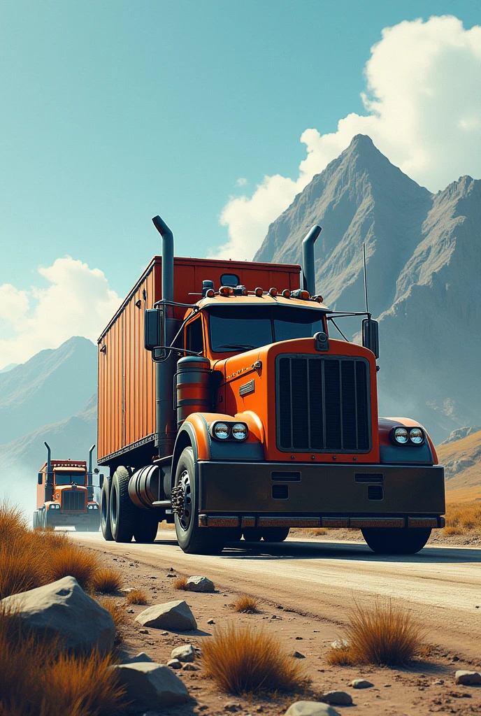 A tractor-trailer truck That can be seen drawn That has a mountain drawn in the background That can be seen drawn The mountain that looks a little lower Two towing trucks on each side