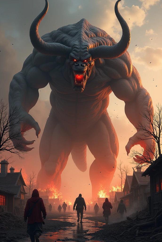 Prompt ai images"Gajmukhasur Terrorizing the World
Gajmukhasur, now transformed into a large, menacing figure, is seen terrorizing villages and causing havoc, with people fleeing in fear. The landscape is chaotic, with houses burning and trees uprooted"