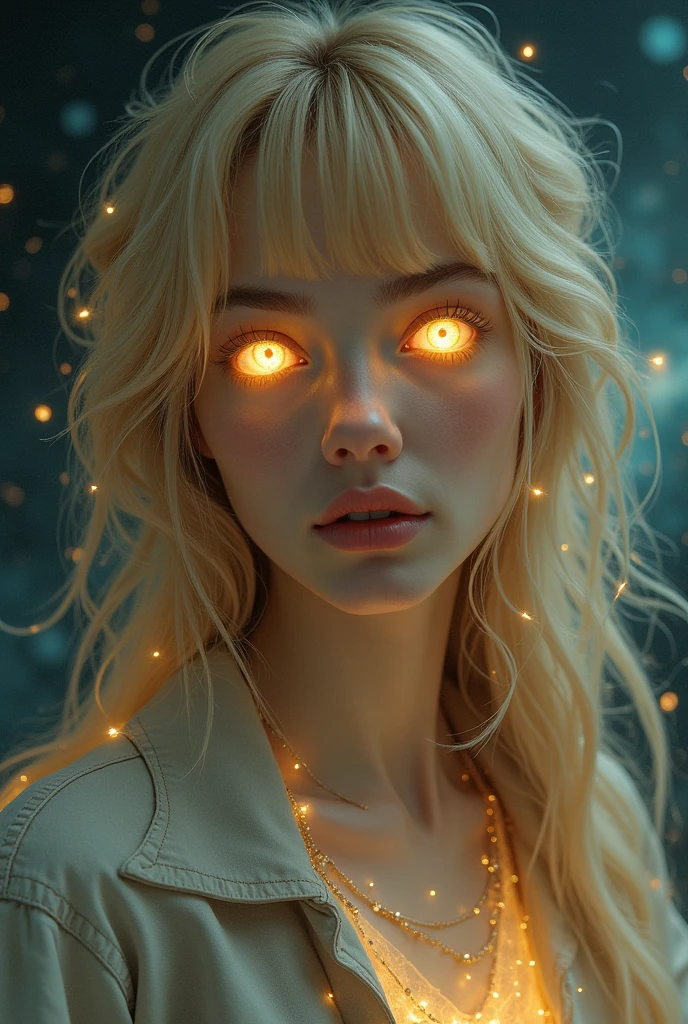 Vaguely ethereal adult woman, neutral demure expression, cosmic themes, casual modern clothing, blonde hair, bangs, otherworldly glowing golden eyes