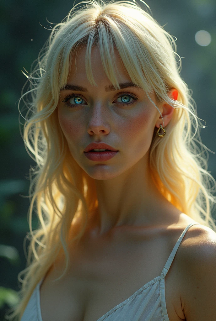 Vaguely ethereal adult woman, neutral demure expression, cosmic themes, casual modern clothing, blonde hair, bangs, otherworldly glowing golden eyes