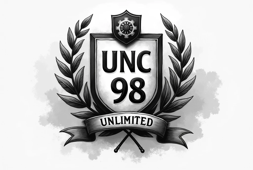 Image shows detailed, monochrome logo, hand drawn using charcoal or graphite on paper. A prominent inscription dominates the center "UNC" located within the shield, below it is a smaller number "98" in a rectangular frame. The shield is surrounded by laurel leaves, which give the design a classic and prestigious look, at the top of the shield is a stylized badge, perhaps symbolizing an official or academic logo. In the lower part of the shield there is a ribbon with an inscription "unlimited" written in capital letters. The overall look is heavily influenced by the carbon drawing art style, with an emphasis on detail and shading, which gives the picture a raw and authentic character.
