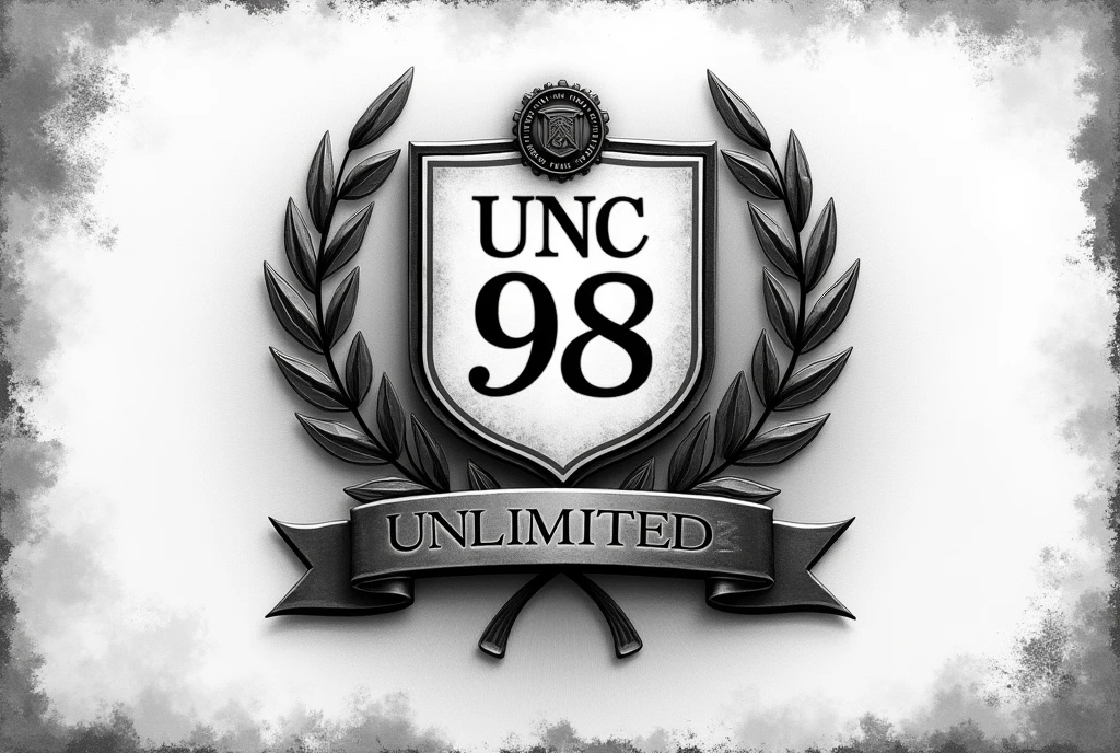 Image shows detailed, monochrome logo, hand drawn using charcoal or graphite on paper. A prominent inscription dominates the center "UNC" located within the shield, below it is a smaller number "98" in a rectangular frame. The shield is surrounded by laurel leaves, which give the design a classic and prestigious look, at the top of the shield is a stylized badge, perhaps symbolizing an official or academic logo. In the lower part of the shield there is a ribbon with an inscription "unlimited" written in capital letters. The overall look is heavily influenced by the carbon drawing art style, with an emphasis on detail and shading, which gives the picture a raw and authentic character.