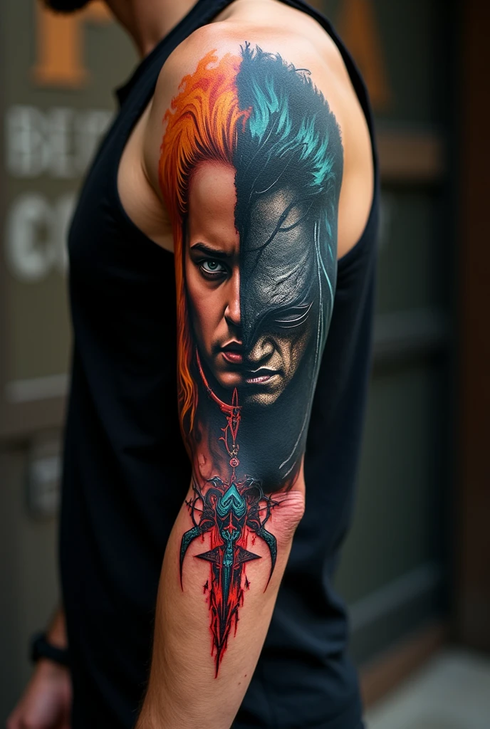 good and evil tattoo man arm