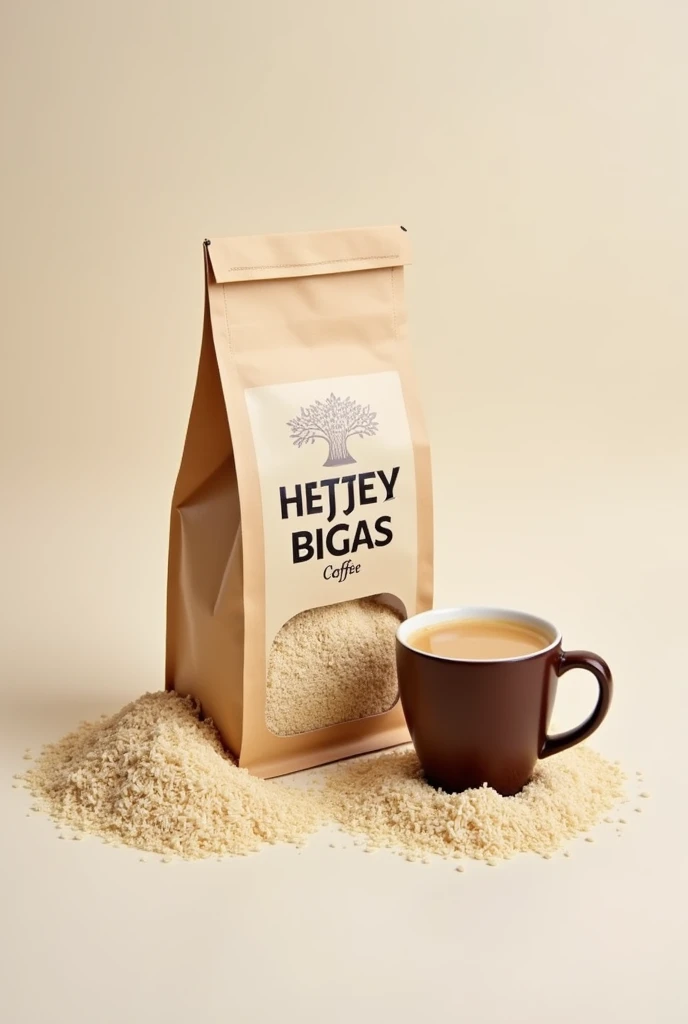 create a rice coffee in package with a lot of rice out side with name of product (kapeng bigas) simple package and can see the rice powder inside the package with a cup of rice coffee 