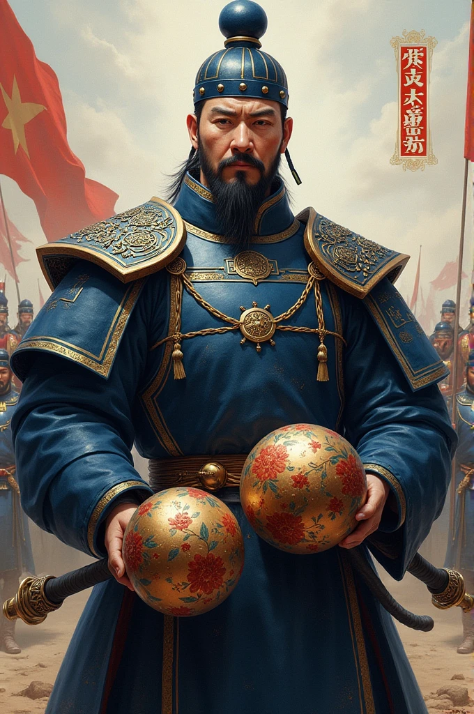 Painting of a general from the Ming Dynasty of China, the general wears a dark blue armor, his face is majestic and his head is covered with a helmet, his hands hold two spherical maces the color of yellow with flowers. The writing is as beautiful as the pair of maces of Ly Nguyen Ba during the Tang Dynasty. The photo has a realistic scene, bright colors, behind the general is a war chariot