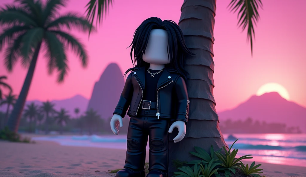 Handsome tall square Roblox male doll, with long black rocker hair, emo clothes and no lips, white skin, no mouth, and beautiful body, leaning on a palm tree, cartoon, Vice City GTA, stone mountain background on the beach with pink sky