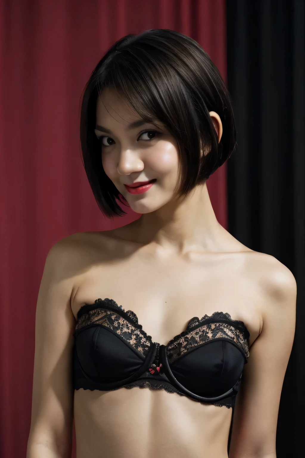 (((((HALF BODY PORTRAIT))))), ((FLAT CHEST:1.8)), ((Lace)), (Happy smile), masutepiece, High quality, UHD 32K, Realistic face, Realistic skin feeling , A Japanese Lady, 5 matured lady, , Very cute and baby-like face, (((FLAT CHEST))), (Night time at forest), ((look In front  at the camera and SADNESS)), (((CUTE GIRL))), ((DARK RED FLUORESCENT LIPS)), ((Floral Pattern)) little wearing strapless bra, strapless colorful bra, dark night background , black forest night, horror scary place, (from behind up) seductive pose. ((((VERY SHORT HAIRCUT)))