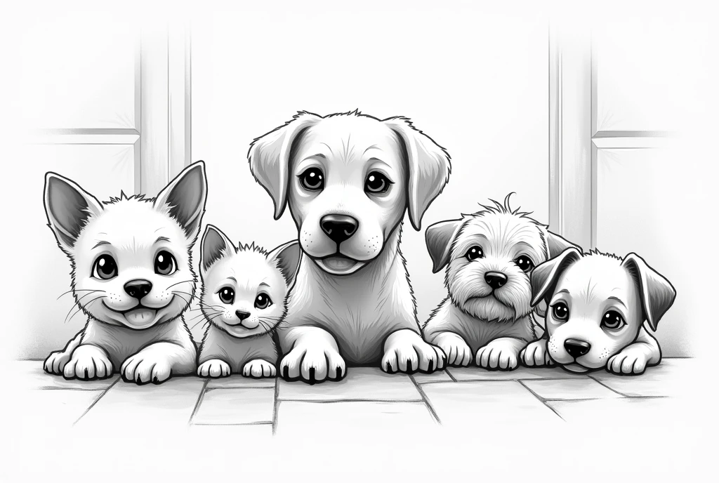 mural, digital drawing, pet adoption topic, black and white