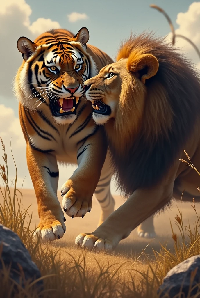 Tiger defeating lion