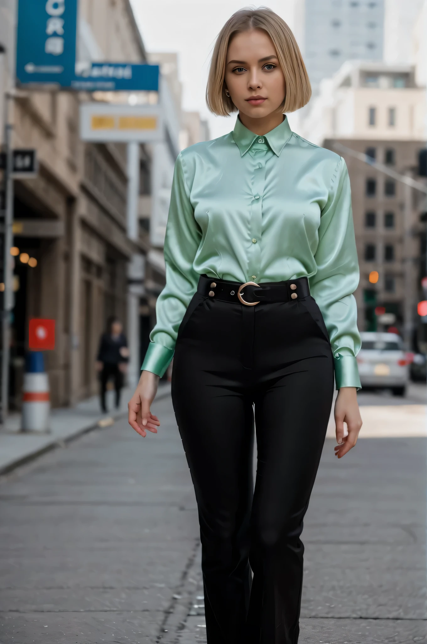 beautiful photograph of a smart looking 1girl, blonde bob cut, stunning green eyes, solo, wearing a (satin collared shirt:1.2), very detailed fine silk fabric emphasis, perfectly defined button detailing, (black pants:1.4), belt, diamond stud earrings, serious expression, slim figure, standing against a country skyline at midday, cowboy shot, full body shot, photographed on a Fujifilm XT3, 80mm F/1.7 prime lens, cinematic film still, cinestill 500T, highly detailed, masterpiece, highest quality, intricately detailed, HDR, 8k, uhd, photorealistic,