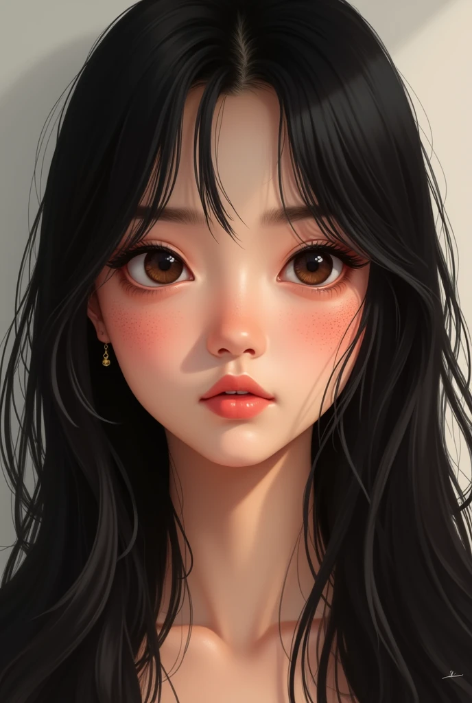 Realistic poster of a 20 year old girl with long hair,smooth and black ,bambi eyes in brown color,freckles seeds on the cheeks and nose and a medium sized pink mouth