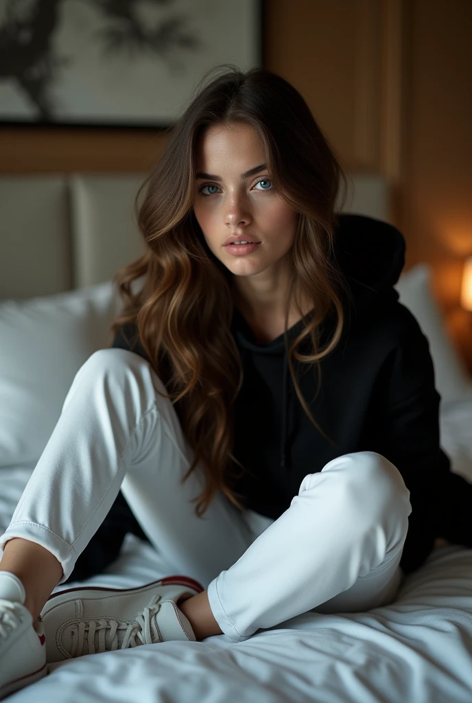 beautiful European girl with blue eyes and brown hair, she's on her bed in her most vulnerable and submissive position, she's wearing a black hoodie, she's wearing white sneakers and white jeans, ultra High resolution, (fotorrealista: 1. 4), High resolution, (finely detailed skin), (blue eyes), (perfect proportions) (realistic photos) (masterpiece) (fotorrealista), ultra-realistic (Best quality) (detailed) photographed with a Canon EOS R5, 50mm lens, f/2.8, (8k) (Wallpaper) (cinematic lighting) (dramatic lighting) (complex) mode. She's in a luxurious, modern room.
