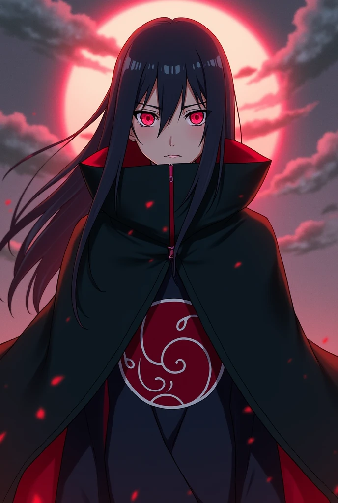 Aiko Uchiha is an enigmatic and imposing figure with long black hair and intense red eyes that reflect the depth of her lineage.. Dressed in the traditional Uchiha clan uniform, adorned with a black cape and the clan symbol in red, she carries an air of mystery and authority. His calm, strategic presence hides a fierce determination and a keen sense of justice..   Naruto characters 
