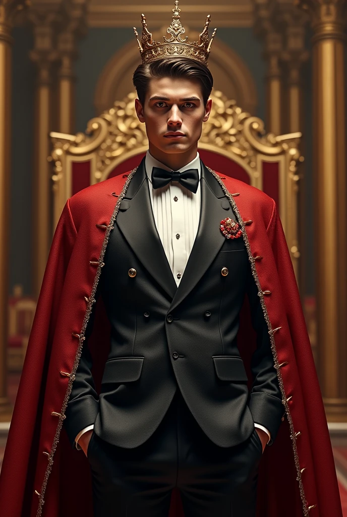Create a young 1 man and he is billionaire and the king in the world. The boy clothes about 500 billion dollars sut .
In realistic 