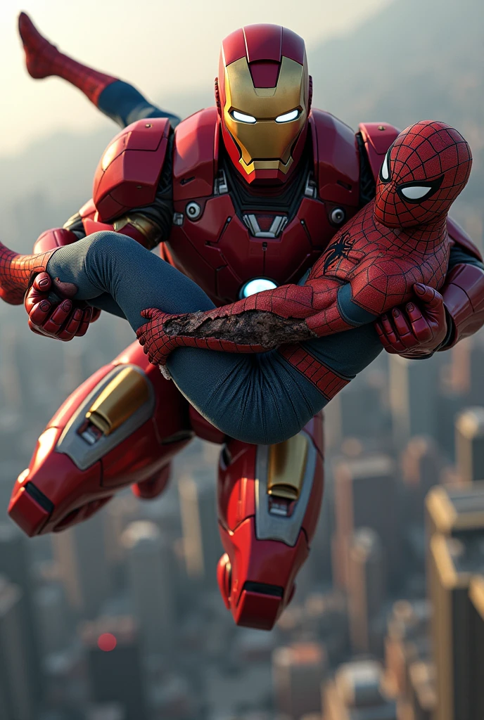 Iron Man flies with Spider-Man's bloodied body in his arms