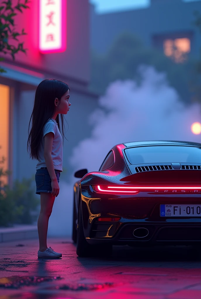 a girl looking black color thar in animation as her dream car with neon lights and fog infront of her house 