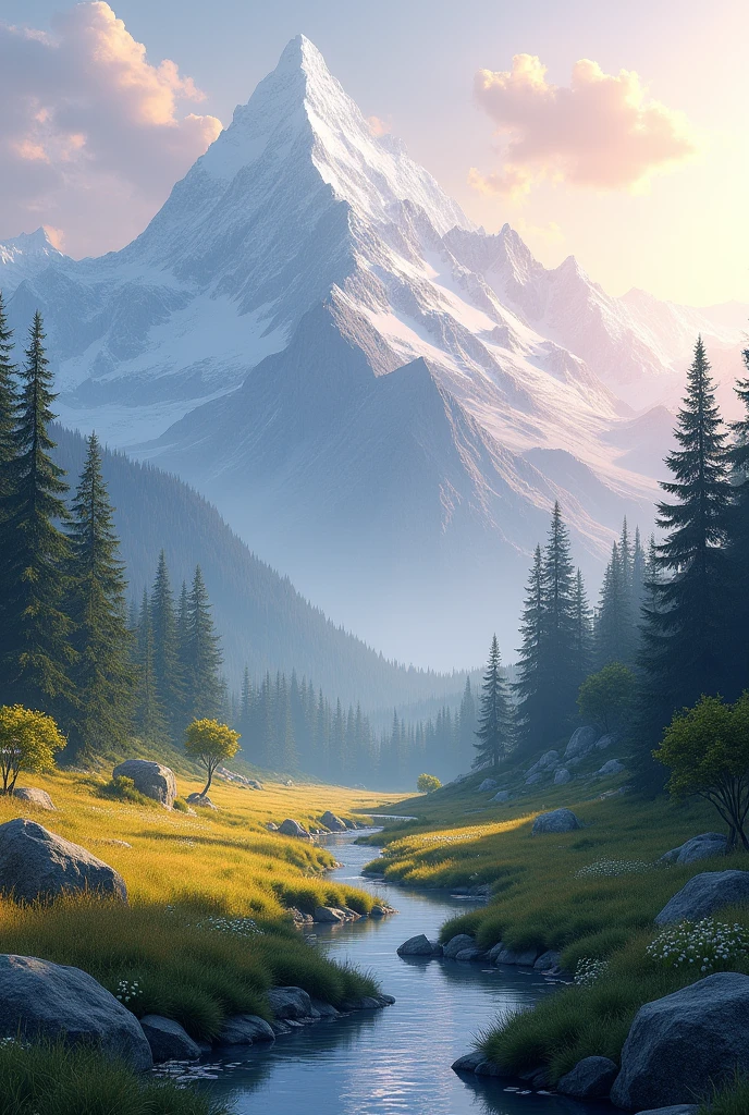 a serene mountain landscape at dawn