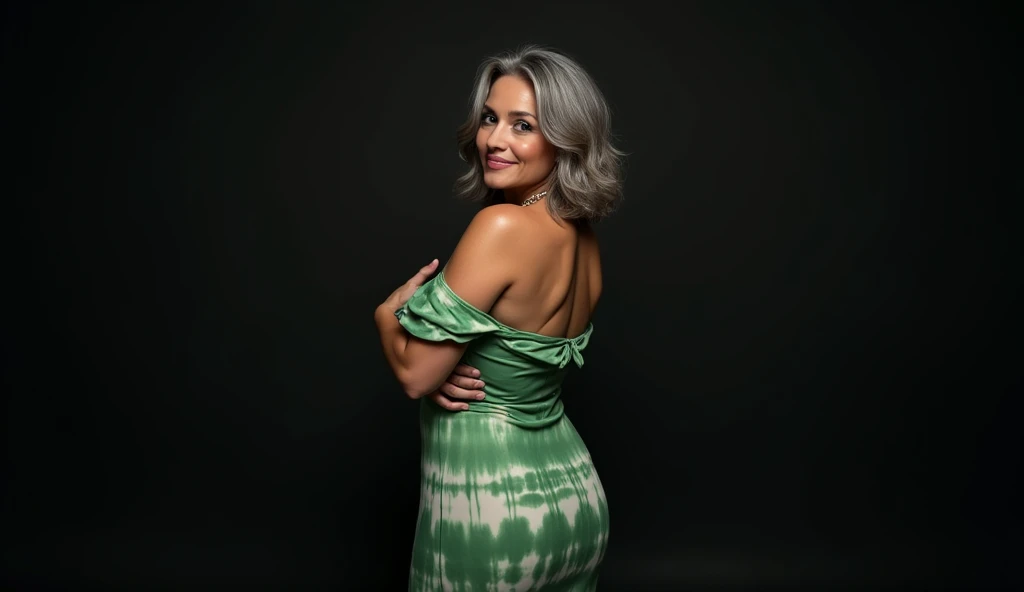 1 mature woman, 60 years old, older woman appearance, Alone, medium casual hair, bob hair, Curvy body, voluminous, hot, photo from behind, sticking her ass out, Looking at camera, gray hair, Bare shoulders, Brown eyes, jewelry, full body, a necklace, off the shoulders, (wearing elegant green printed tie-dye sheath dresses), Distant photo, realistic, One sexy, beautiful color, perfect skin, 3 bust size, 3 hip size, 3 ass size, (realistic, One high resolution), 1 beautiful sexy mature older woman, big expressive blue eyes, happy, (8K, RAW photo, best quality, high detail, curvy shapes, Curvy body, Seductive pose, in studio Photo with three door lighting, with black wall background she is with her back to the photographer.