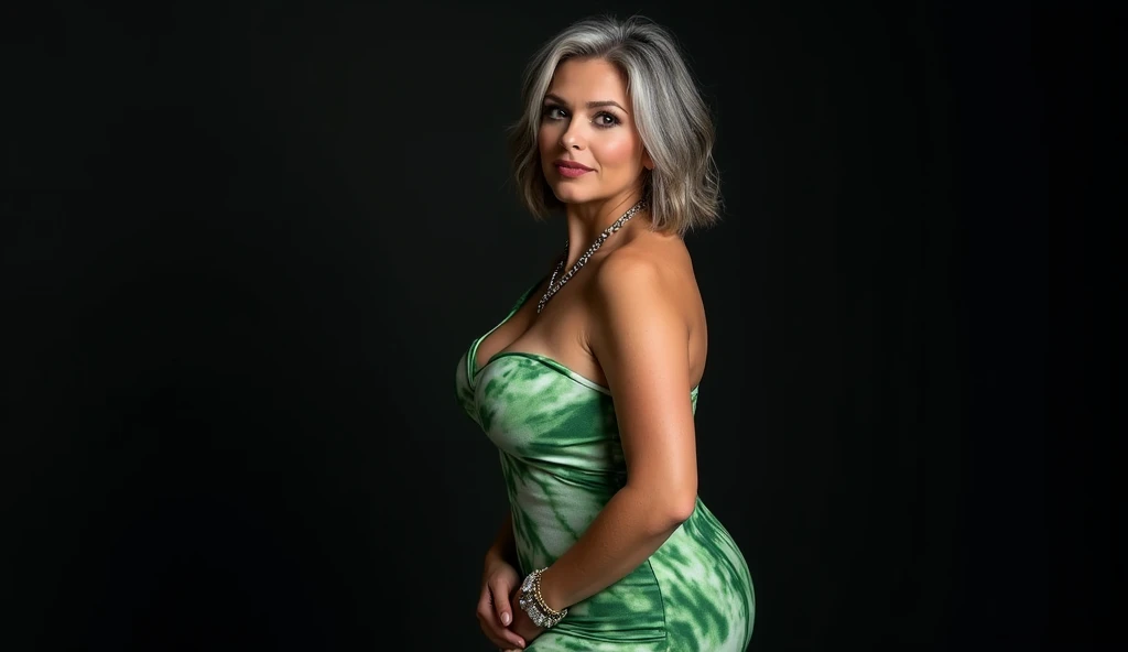 1 mature woman, 60 years old, older woman appearance, Alone, medium casual hair, bob hair, Curvy body, voluminous, hot, photo from behind, sticking her ass out, Looking at camera, gray hair, Bare shoulders, Brown eyes, jewelry, full body, a necklace, off the shoulders, (wearing elegant green printed tie-dye sheath dresses), Distant photo, realistic, One sexy, beautiful color, perfect skin, 3 bust size, 3 hip size, 3 ass size, (realistic, One high resolution), 1 beautiful sexy mature older woman, big expressive blue eyes, happy, (8K, RAW photo, best quality, high detail, curvy shapes, Curvy body, Seductive pose, in studio Photo with three door lighting, with black wall background she is with her back to the photographer.