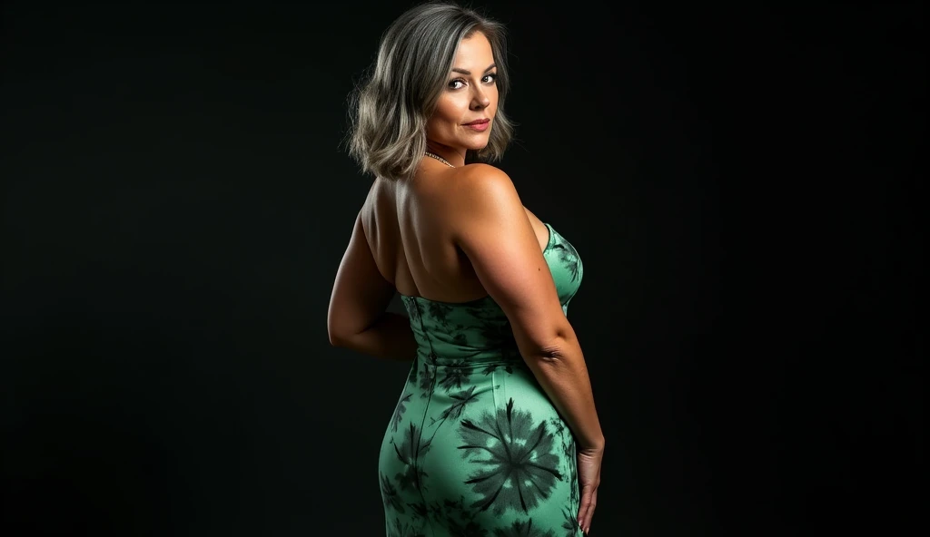 1 mature woman, 60 years old, older woman appearance, Alone, medium casual hair, bob hair, Curvy body, voluminous, hot, photo from behind, sticking her ass out, Looking at camera, gray hair, Bare shoulders, Brown eyes, jewelry, full body, a necklace, off the shoulders, (wearing elegant green printed tie-dye sheath dresses), Distant photo, realistic, One sexy, beautiful color, perfect skin, 3 bust size, 3 hip size, 3 ass size, (realistic, One high resolution), 1 beautiful sexy mature older woman, big expressive blue eyes, happy, (8K, RAW photo, best quality, high detail, curvy shapes, Curvy body, Seductive pose, in studio Photo with three door lighting, with black wall background she is with her back to the photographer.