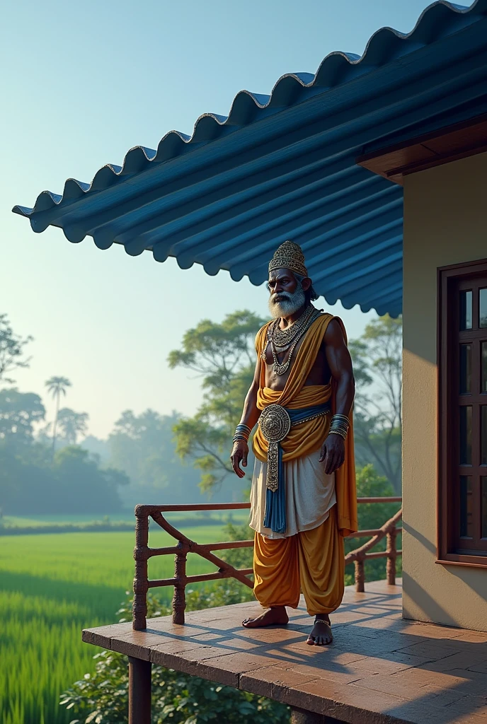  Depict Mahabali, the mythical king of Kerala, standing majestically under a blue-colored Aluminum-Zinc roofing sheet from JSW Coloron Plus, situated on the terrace of a two-story house constructed with fiber cement boards from the Ramco HICEM brand. In the background, there's a serene paddy field characteristic of Kerala, with lush green landscapes under a clear sky. Mahabali's regal figure is dressed in traditional attire, blending the ancient and modern architectural elements.
