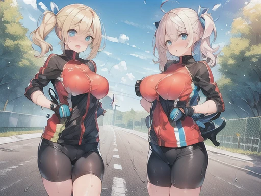 twins,(Two Girls),((standing on the right,Blonde twin tails)),(((Stand on the left,Blonde ponytail))),(Very curled hair,Blue ribbon,Bright blue eyes,freckles),(mega breasts),high school girl,BREAK((Skin-tight clothing,Road bike,bicycle,Sweat,Wet clothes)